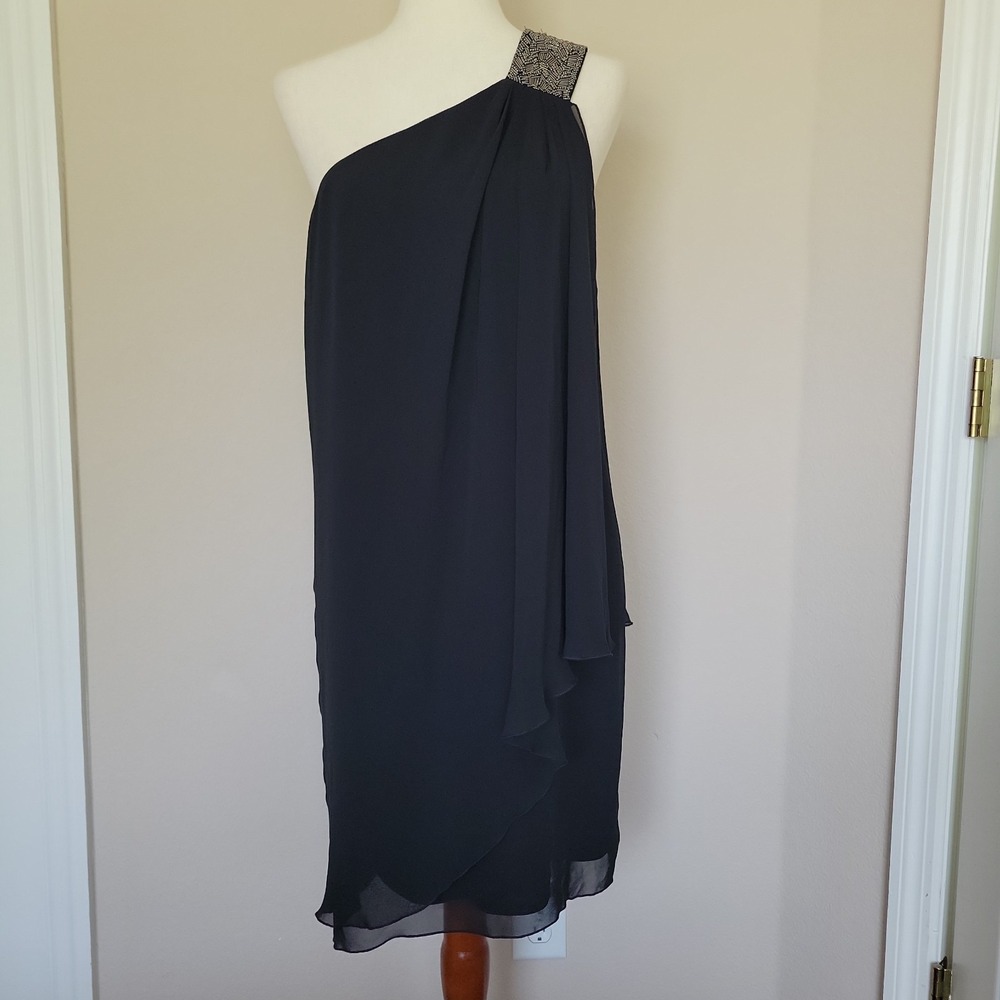Calvin Klein One Shoulder Dress Size 12 Black Sheer Drape Beaded LBD New